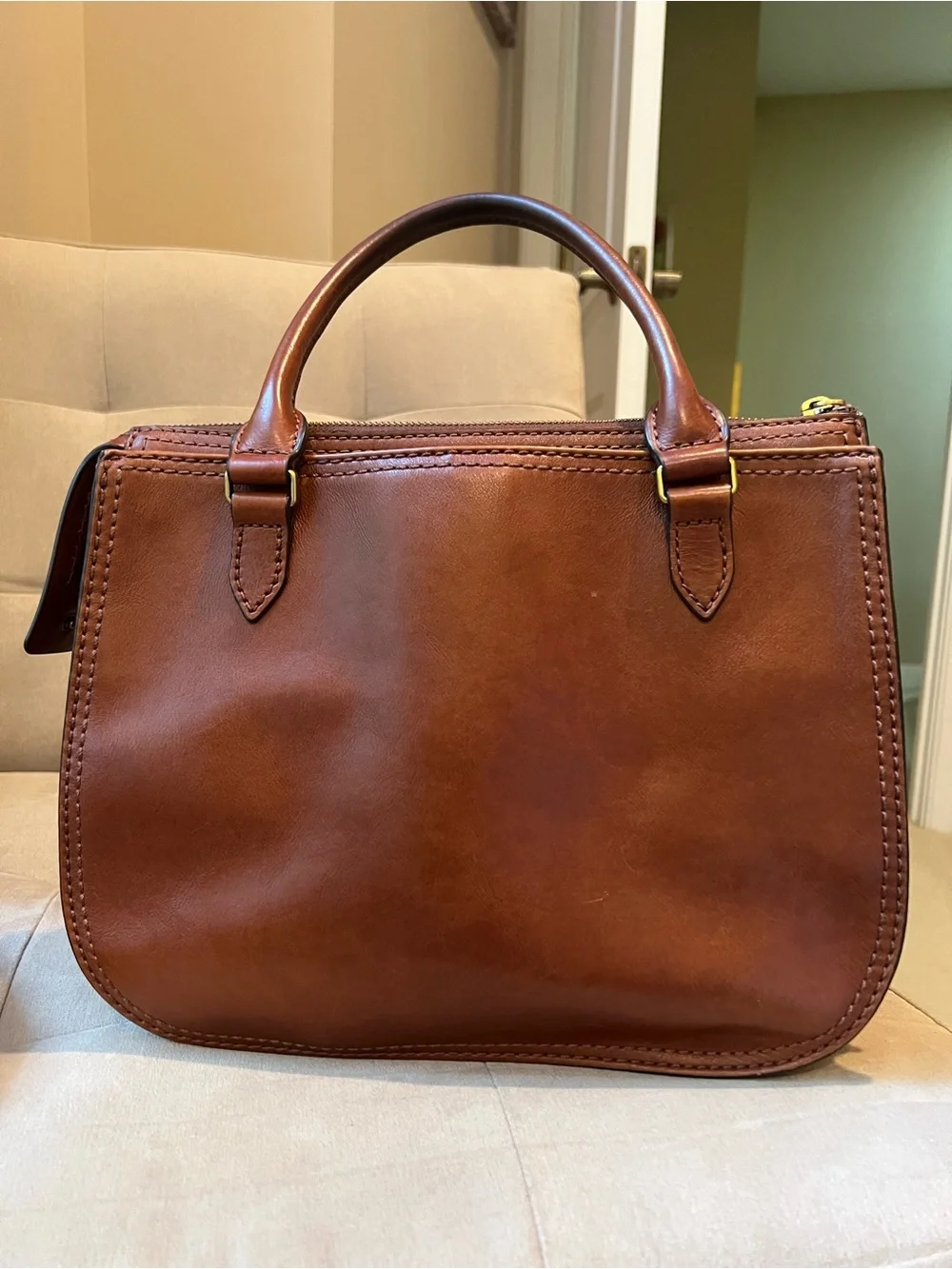 Fossil Cognac Brown Leather Satchel with Key Charm